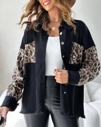 Colorblock Sequin Patchwork Long Sleeve Jacket Top Button Front Raw Hem Shacket