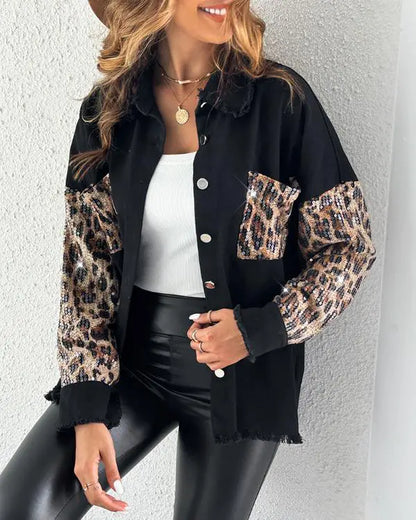Colorblock Sequin Patchwork Long Sleeve Jacket Top Button Front Raw Hem Shacket