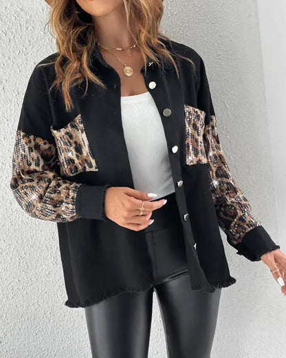 Colorblock Sequin Patchwork Long Sleeve Jacket Top Button Front Raw Hem Shacket