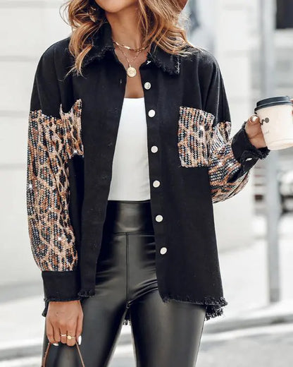 Colorblock Sequin Patchwork Long Sleeve Jacket Top Button Front Raw Hem Shacket