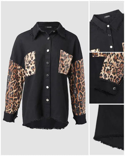 Colorblock Sequin Patchwork Long Sleeve Jacket Top Button Front Raw Hem Shacket