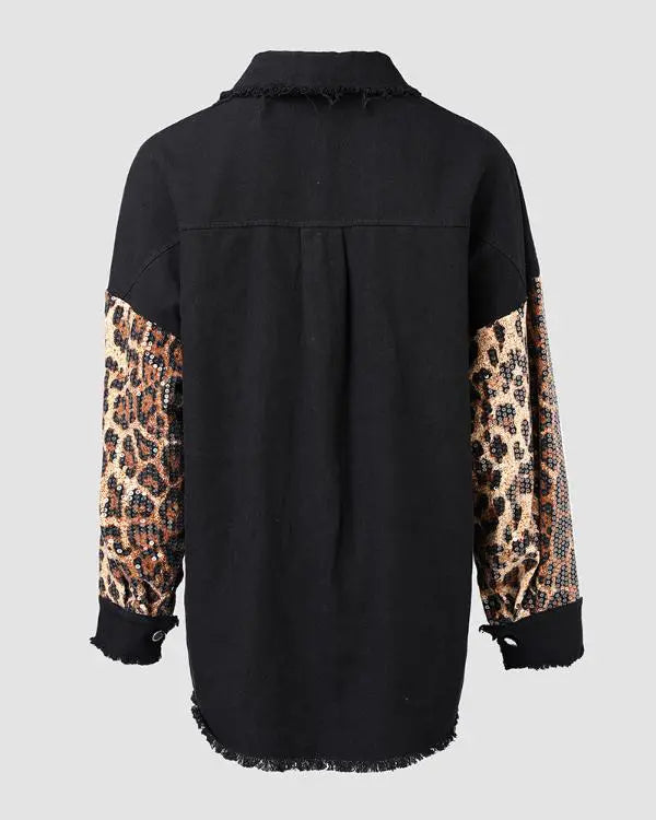 Colorblock Sequin Patchwork Long Sleeve Jacket Top Button Front Raw Hem Shacket