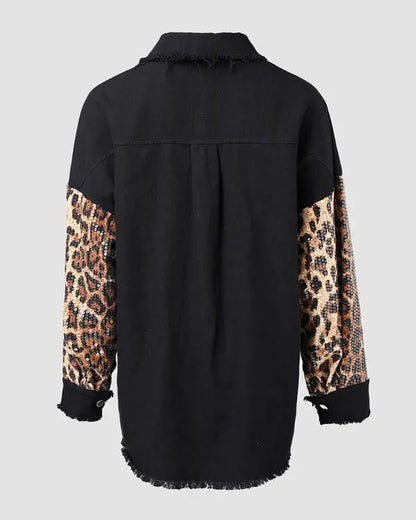 Colorblock Sequin Patchwork Long Sleeve Jacket Top Button Front Raw Hem Shacket
