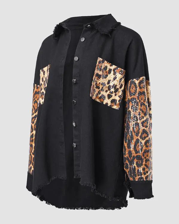 Colorblock Sequin Patchwork Long Sleeve Jacket Top Button Front Raw Hem Shacket