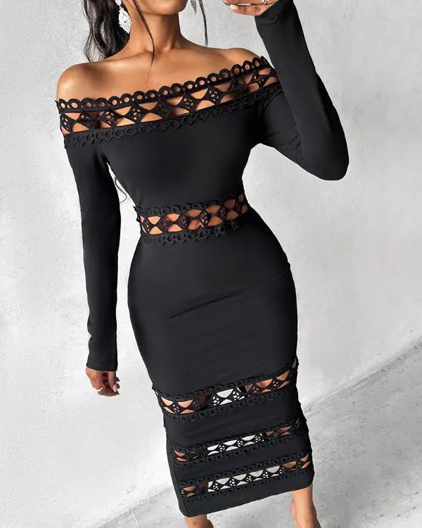 Floral Embroidery High Neck Long Sleeve Slim Fit Bodycon Sheer Mesh Midi Dress