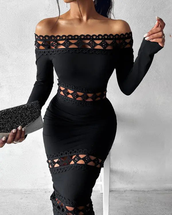 Floral Embroidery High Neck Long Sleeve Slim Fit Bodycon Sheer Mesh Midi Dress