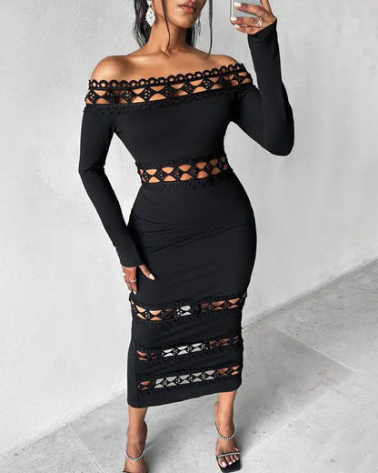 Floral Embroidery High Neck Long Sleeve Slim Fit Bodycon Sheer Mesh Midi Dress