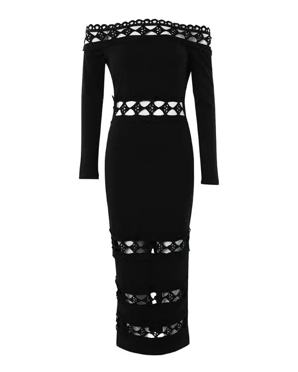 Floral Embroidery High Neck Long Sleeve Slim Fit Bodycon Sheer Mesh Midi Dress