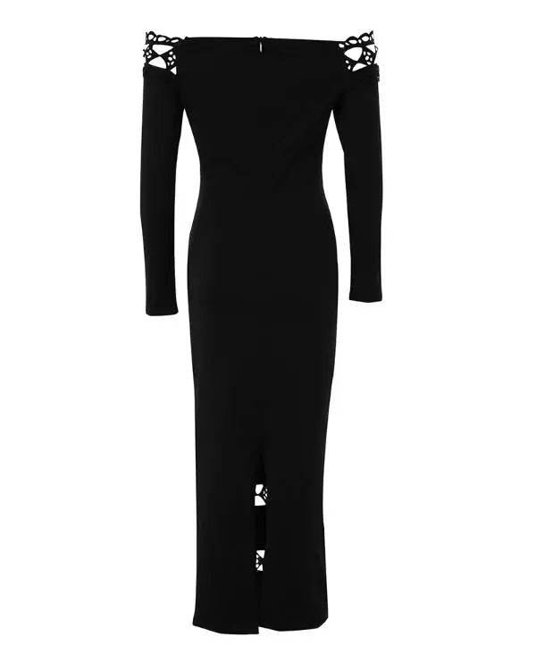 Floral Embroidery High Neck Long Sleeve Slim Fit Bodycon Sheer Mesh Midi Dress