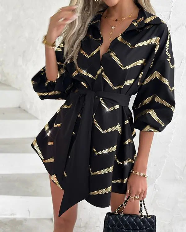 Bronzing Chevron Print Turn-down Collar Tied Detail Shirt Dress