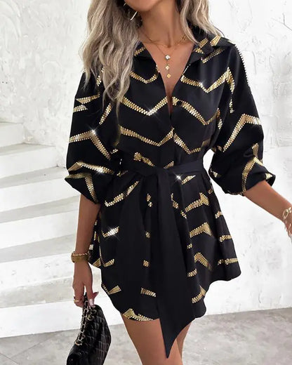 Bronzing Chevron Print Turn-down Collar Tied Detail Shirt Dress