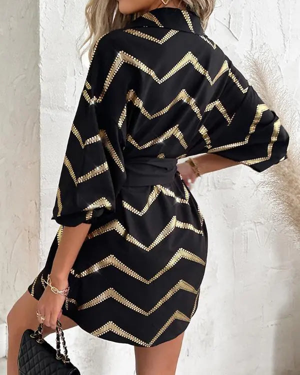 Bronzing Chevron Print Turn-down Collar Tied Detail Shirt Dress