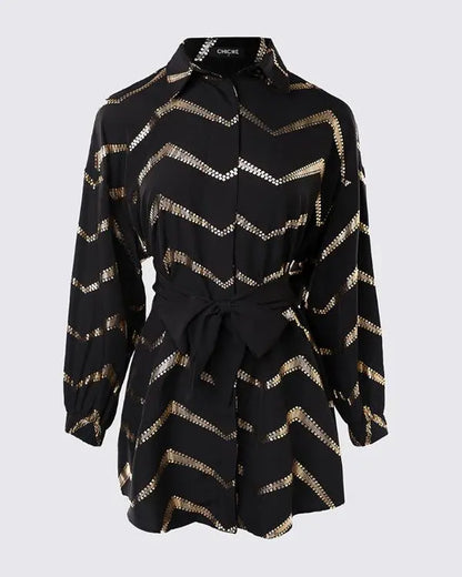 Bronzing Chevron Print Turn-down Collar Tied Detail Shirt Dress