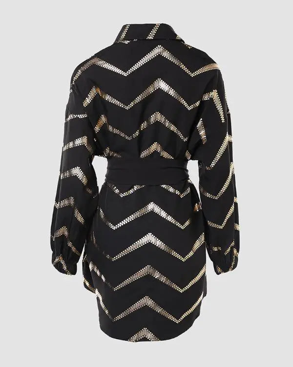 Bronzing Chevron Print Turn-down Collar Tied Detail Shirt Dress