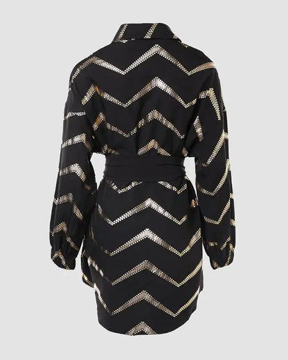 Bronzing Chevron Print Turn-down Collar Tied Detail Shirt Dress
