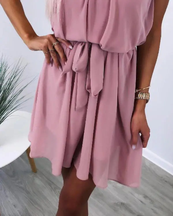 Beaded Rhinestone Decor Halter Sleeveless Mini Dress Casual Waist Tied Detail Ruched Dress