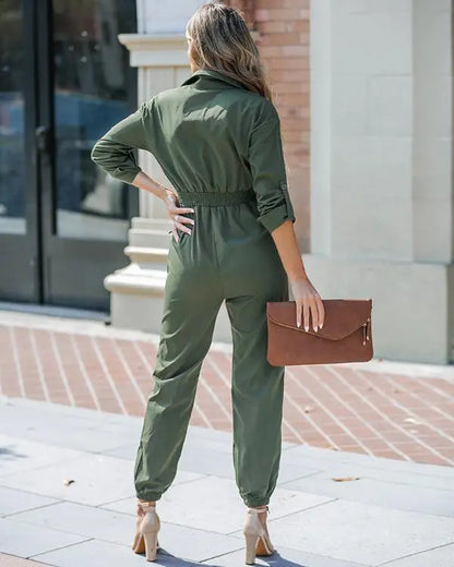 Roll Up Sleeve Pocket Design Shirred Buckled Cargo Jumpsuit