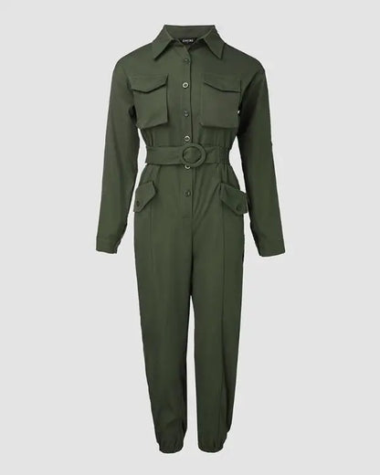 Roll Up Sleeve Pocket Design Shirred Buckled Cargo Jumpsuit