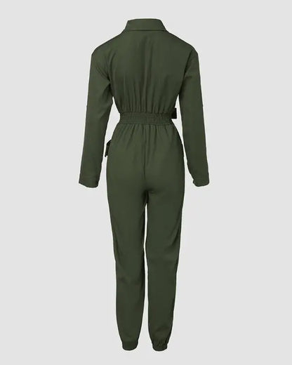 Roll Up Sleeve Pocket Design Shirred Buckled Cargo Jumpsuit