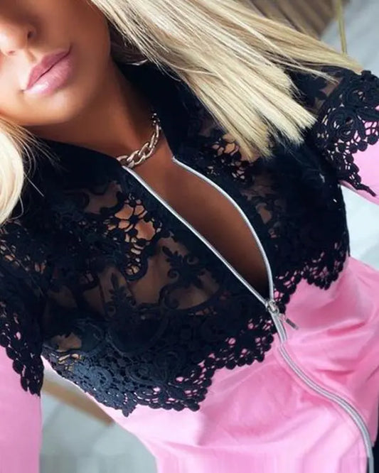 Guipure Lace Zipper Front Long Sleeve Coat