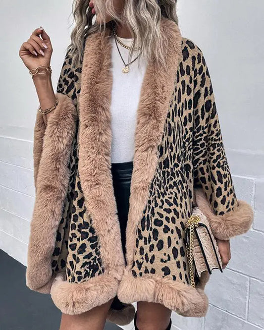 Cheetah Leopard Print Fuzzy Trim Knit Poncho Cardigan Open Front Cape Sweater