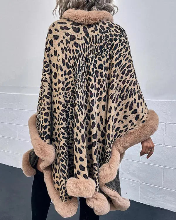 Cheetah Leopard Print Fuzzy Trim Knit Poncho Cardigan Open Front Cape Sweater