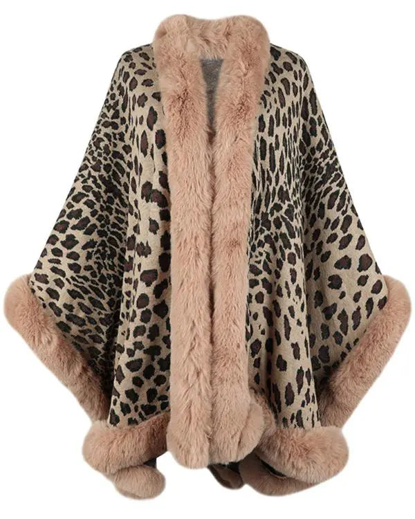 Cheetah Leopard Print Fuzzy Trim Knit Poncho Cardigan Open Front Cape Sweater