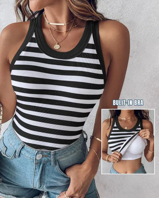 Built-in Bra Striped Round Neck Bra Ribbed Tank Top