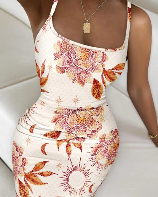 Floral Print Square Neck Spaghetti Strap Slim Fit Bodycon Vacation Dress