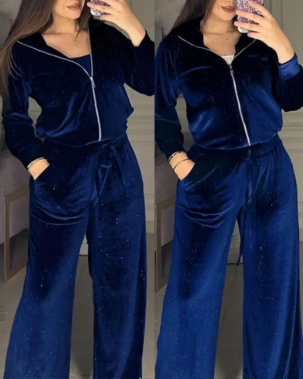 2 Piece Rhinestone Turn-down Collar Long sleeves Cardigan Wide Leg Pants Casual Pants Set