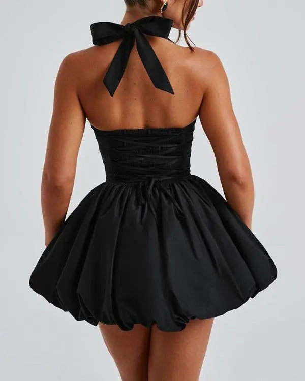 Halter Sleeveless Lace-up Bowknot Backless A Line Dress Sexy Mini Dress