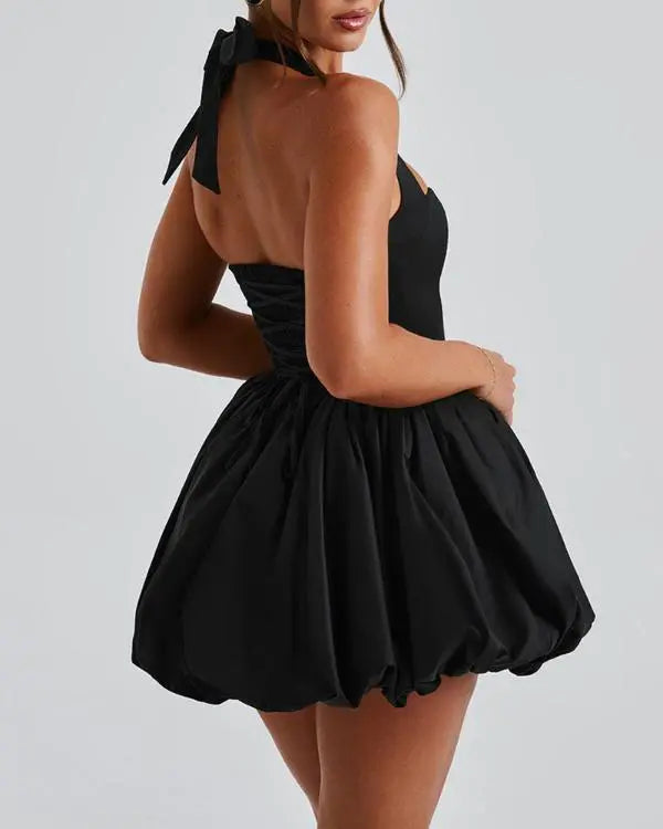 Halter Sleeveless Lace-up Bowknot Backless A Line Dress Sexy Mini Dress