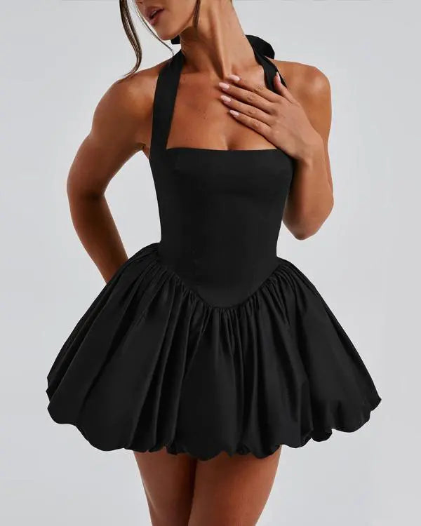 Halter Sleeveless Lace-up Bowknot Backless A Line Dress Sexy Mini Dress