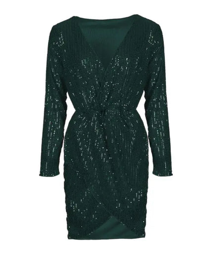 Long Sleeve Wrap Sequin Party Dress