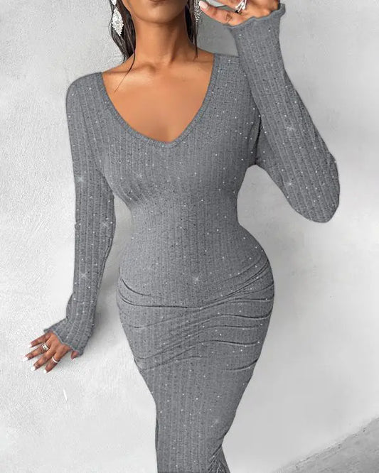 V-Neck Long Sleeve Rhinestone Decor Ribbed Bodycon Dress