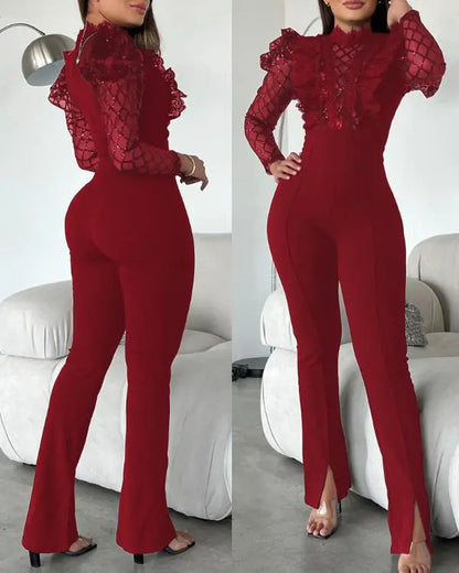 Elegant Mesh See Through Long Sleeve Jumpsuits Contrast Lace Sequin Patch Casual Overalls