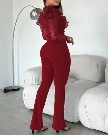 Elegant Mesh See Through Long Sleeve Jumpsuits Contrast Lace Sequin Patch Casual Overalls