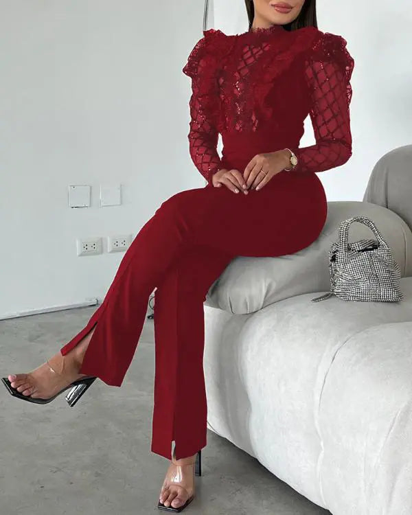 Elegant Mesh See Through Long Sleeve Jumpsuits Contrast Lace Sequin Patch Casual Overalls