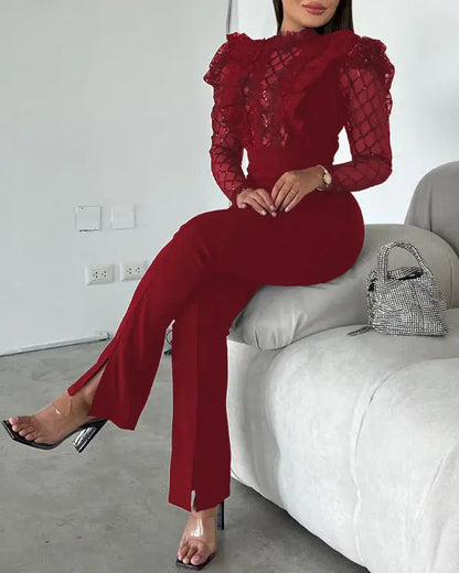 Elegant Mesh See Through Long Sleeve Jumpsuits Contrast Lace Sequin Patch Casual Overalls