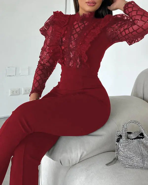 Elegant Mesh See Through Long Sleeve Jumpsuits Contrast Lace Sequin Patch Casual Overalls