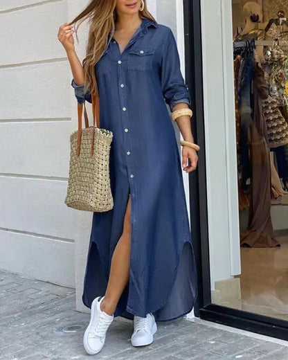 Turn-down Collar Long Sleeve Denim Shirt Dress Buttoned Casual Maxi Dress