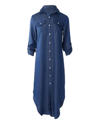 Turn-down Collar Long Sleeve Denim Shirt Dress Buttoned Casual Maxi Dress