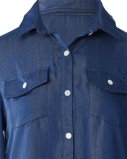 Turn-down Collar Long Sleeve Denim Shirt Dress Buttoned Casual Maxi Dress