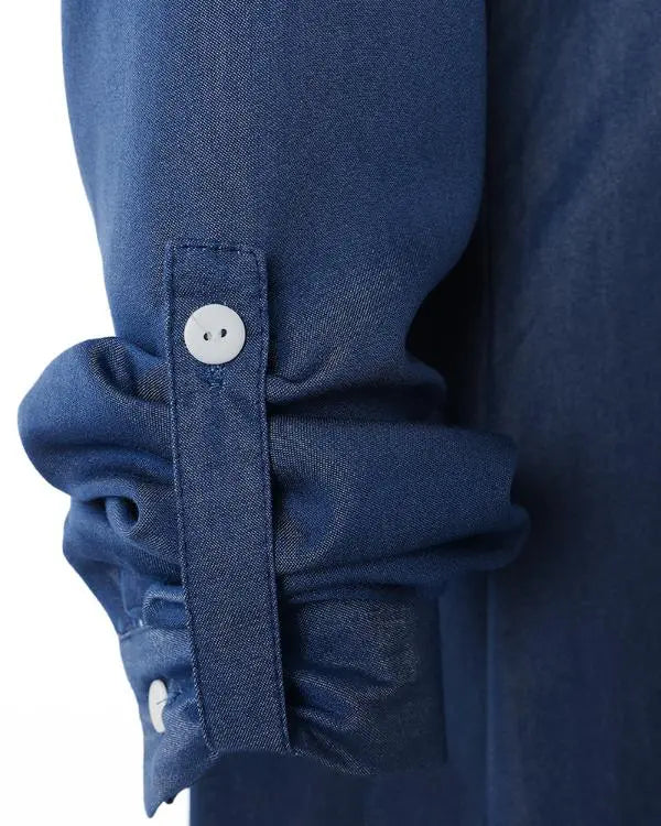 Turn-down Collar Long Sleeve Denim Shirt Dress Buttoned Casual Maxi Dress