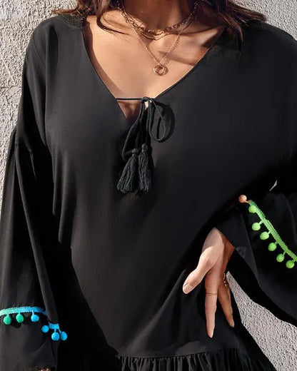 Colorblock V-Neck Bell Sleeve A Line Tassel Mini Dress Vacation Dress
