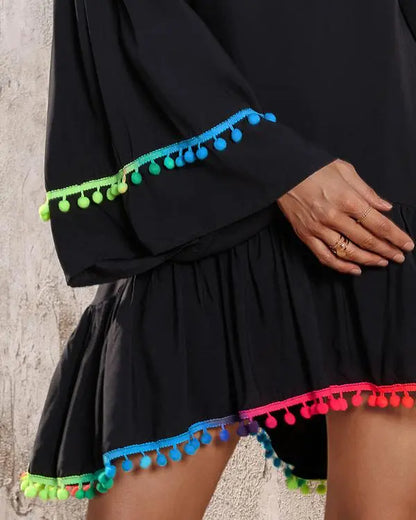 Colorblock V-Neck Bell Sleeve A Line Tassel Mini Dress Vacation Dress