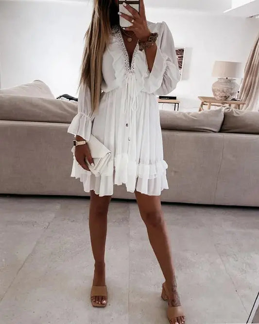 Chiffon Plunge Long Sleeve Lace Trim Tied Detail Ruffle Hem A Line Dress