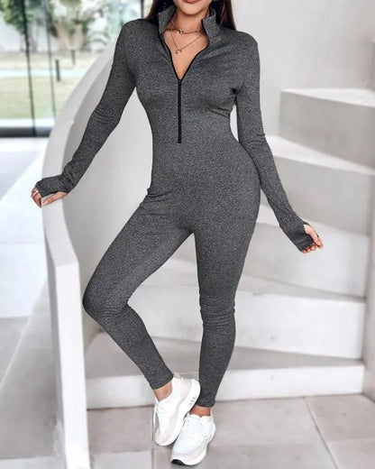 Stand Collar Long Sleeve Zipper Front Skinny Jumpsuit