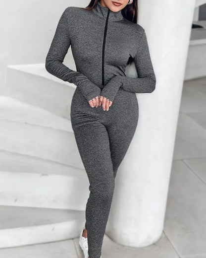 Stand Collar Long Sleeve Zipper Front Skinny Jumpsuit