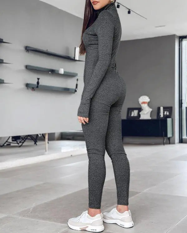 Stand Collar Long Sleeve Zipper Front Skinny Jumpsuit